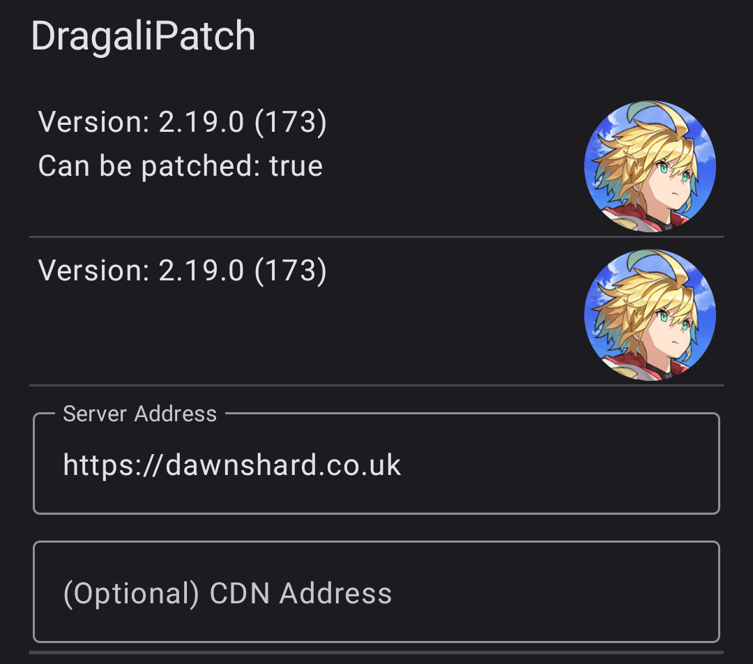 Example inputs of Dawnshard server address in Dragalipatch interface